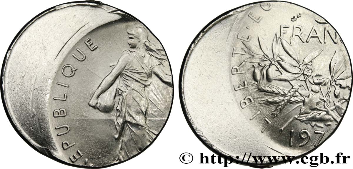 5 francs Semeuse, nickel, Frappe fautée sur un flan de 1 Franc Semeuse n.d. Pessac F.341/- var. MS 