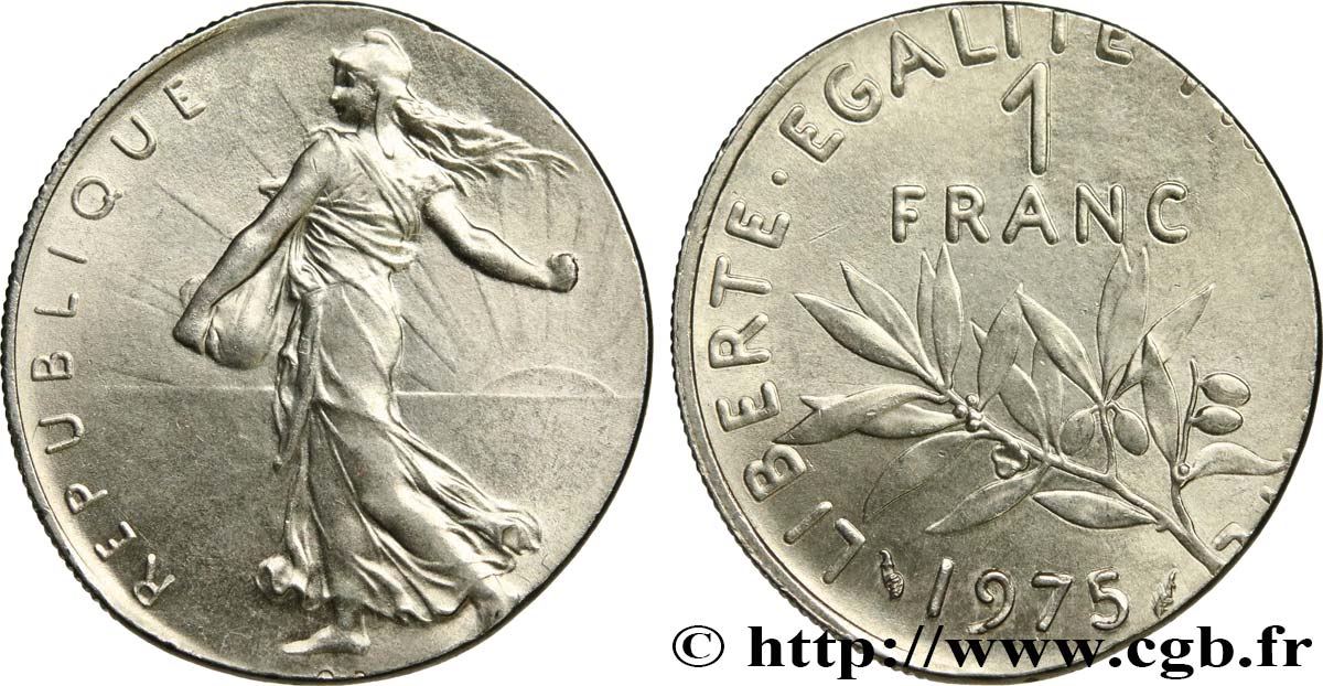 1 franc Semeuse, nickel, Frappe fautée sur un flan de 1/2 Franc Semeuse 1975 Pessac F.226/20 var. fST 