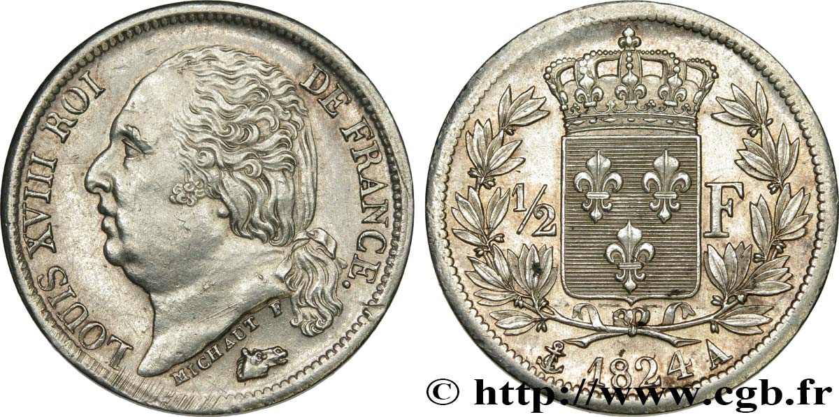 1/2 franc Louis XVIII 1824 Paris F.179/43 SUP 