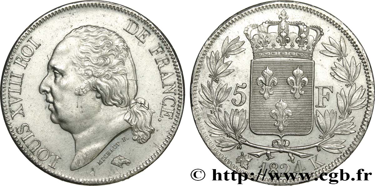 5 francs Louis XVIII, tête nue 1824 Bordeaux F.309/93 SPL 