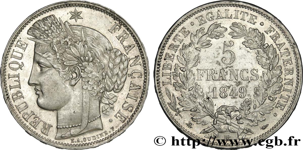 5 francs Cérès, IIe République 1849 Strasbourg F.327/3 q.SPL 