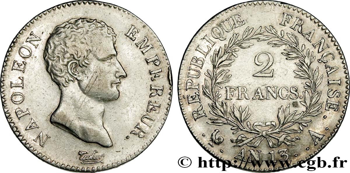 2 francs Napoléon Empereur, Calendrier révolutionnaire 1805 Paris F.251/12 BB 