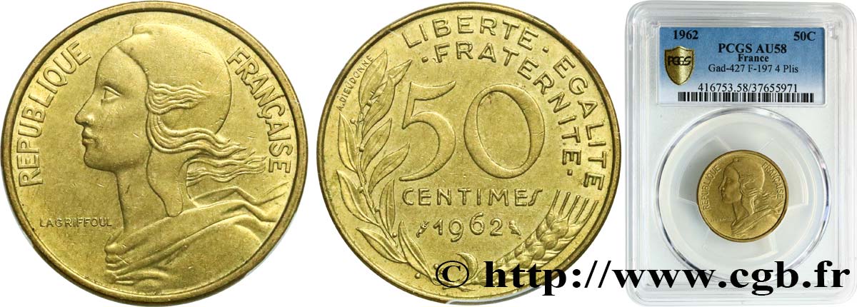50 centimes Marianne, col à 4 plis 1962 Paris F.197/3 AU58 PCGS