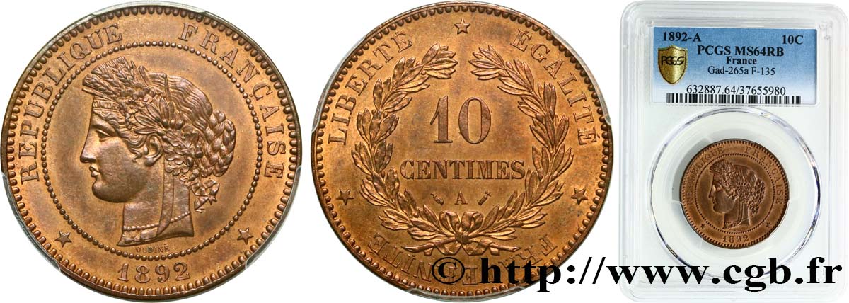 10 centimes Cérès 1892 Paris F.135/37 fST64 PCGS