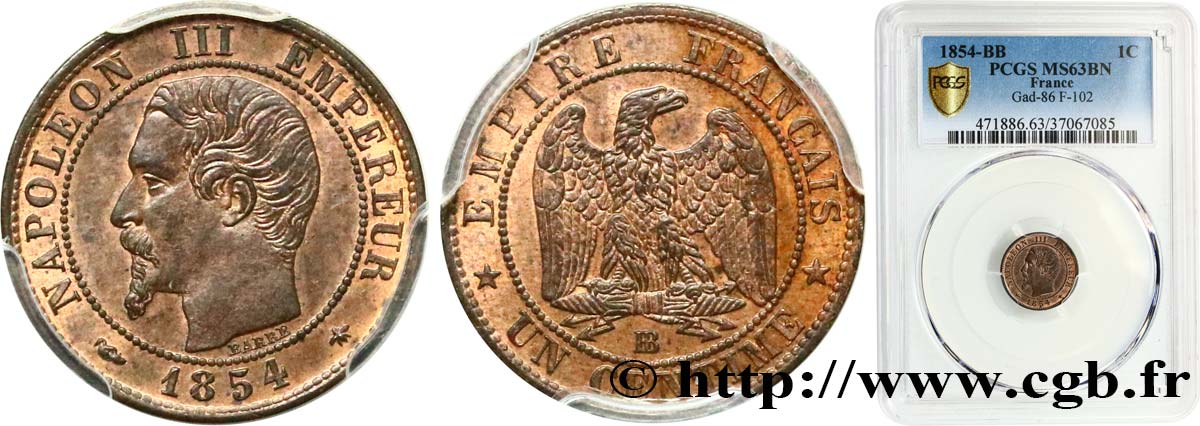 Un centime Napoléon III, tête nue 1854 Strasbourg F.102/11 MS63 PCGS