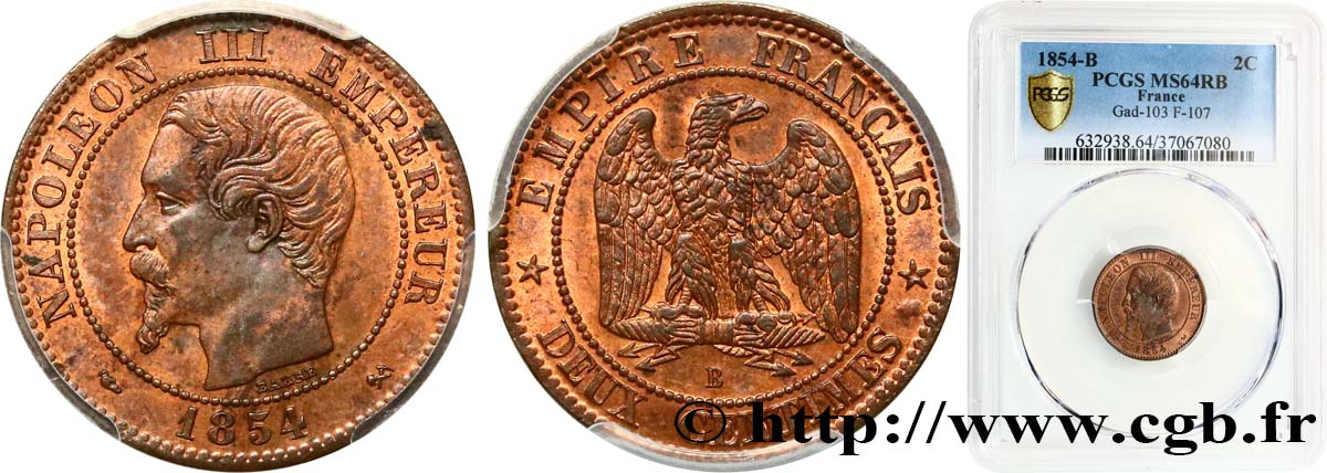 Deux centimes Napoléon III, tête nue 1854 Rouen F.107/10 fST64 PCGS