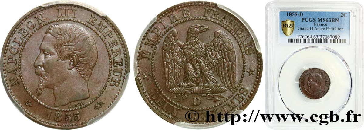 Deux centimes Napoléon III, tête nue 1855 Lyon F.107/28 MS63 PCGS