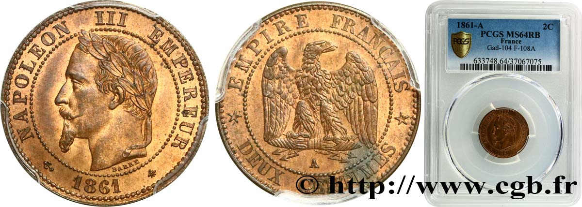 Deux centimes Napoléon III, tête laurée, buste définitif 1861 Paris F.108A/1 SC64 PCGS