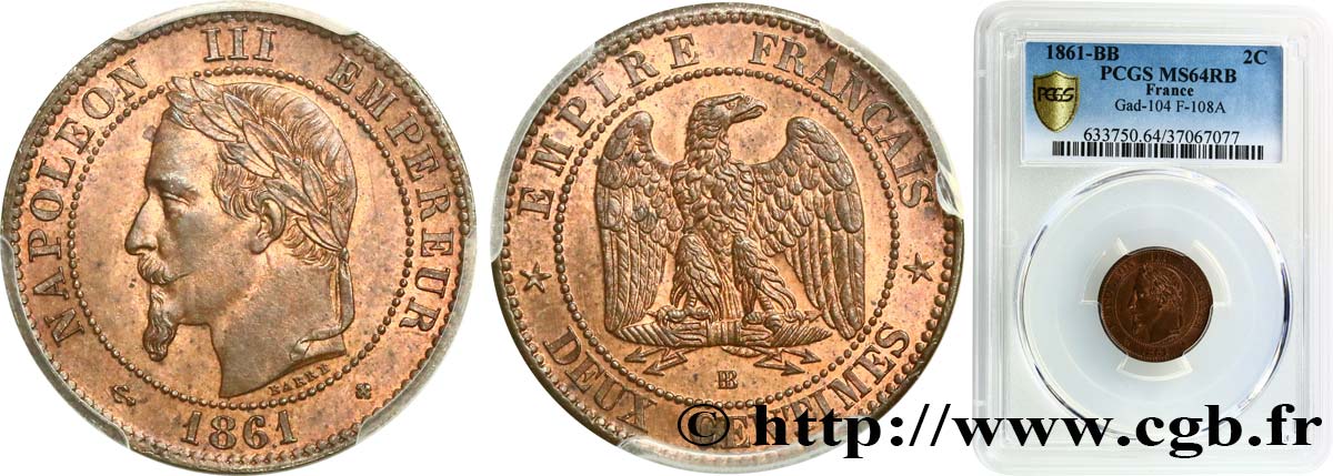 Deux centimes Napoléon III, tête laurée 1861 Strasbourg F.108A/2 fST64 PCGS