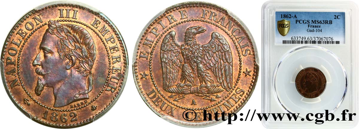 Deux centimes Napoléon III, tête laurée 1862 Paris F.108A/4 SPL63 PCGS