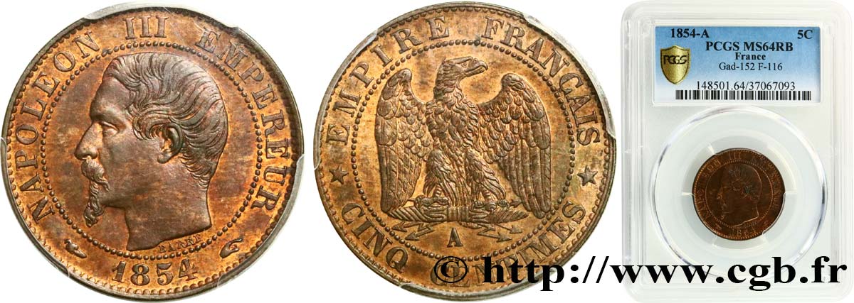 Cinq centimes Napoléon III, tête nue 1854 Paris F.116/8 SC64 PCGS