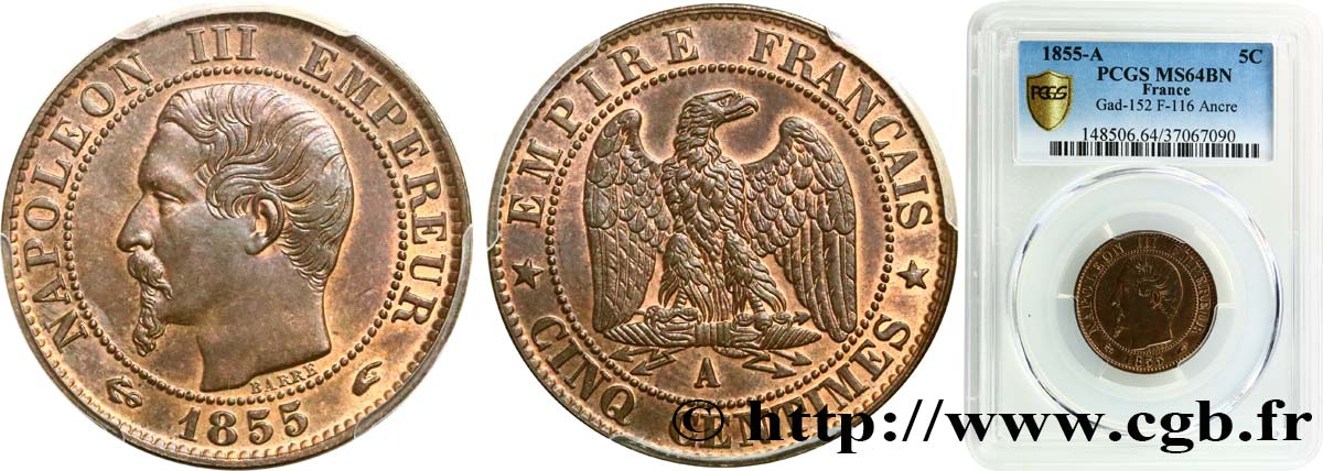 Cinq centimes Napoléon III, tête nue 1855 Paris F.116/17 SC64 PCGS
