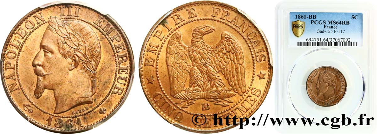 Cinq centimes Napoléon III, tête laurée 1861 Strasbourg F.117/5 SC64 PCGS