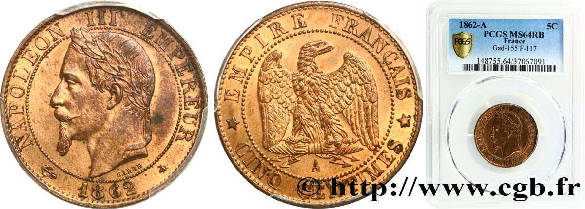 Cinq centimes Napoléon III, tête laurée 1862 Paris F.117/7 SC64 PCGS