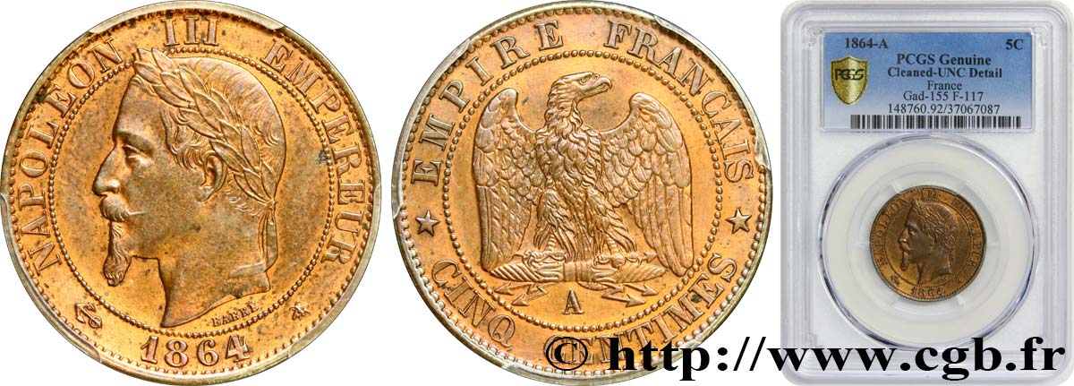 Cinq centimes Napoléon III, tête laurée 1864 Paris F.117/13 SPL PCGS