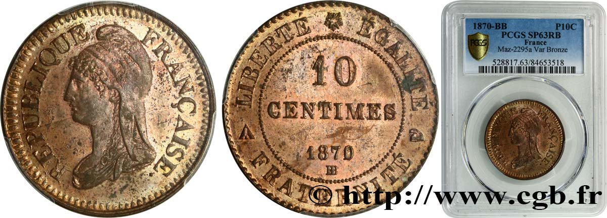 Essai de 10 centimes d’après Dupré 1870 Strasbourg GEM.23 8 SC63 PCGS