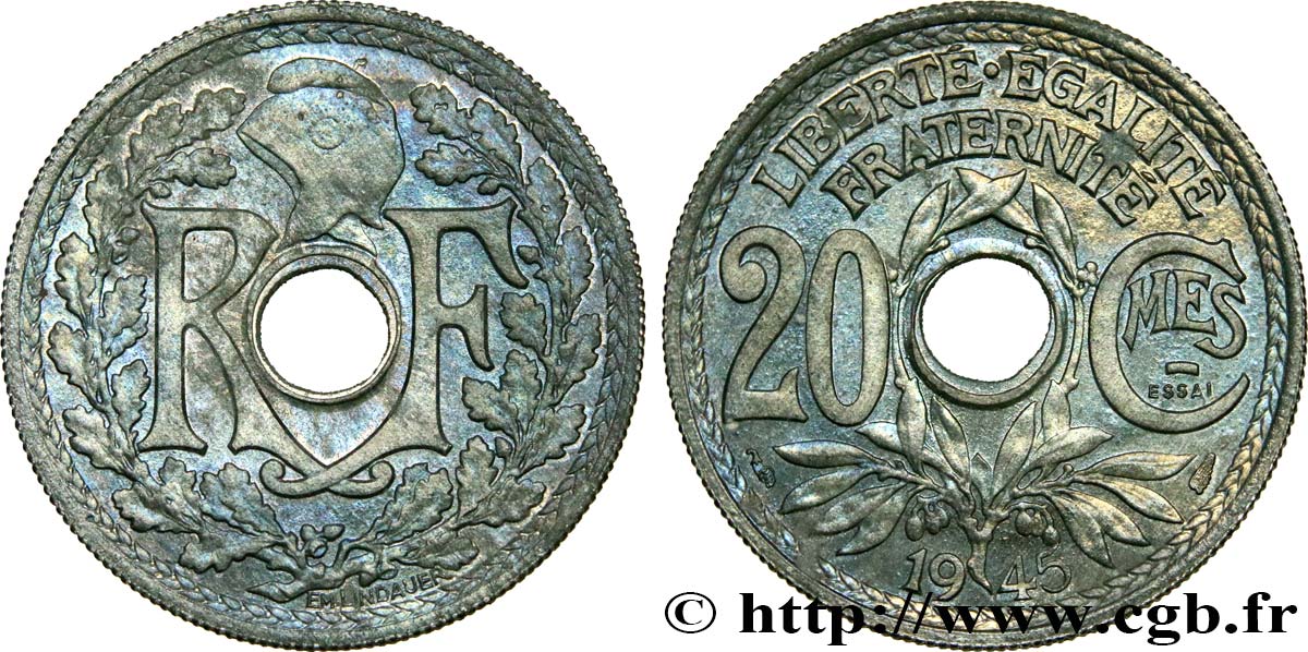 Essai de 20 centimes Lindauer en zinc 1945 Paris F.155/1 SUP62 