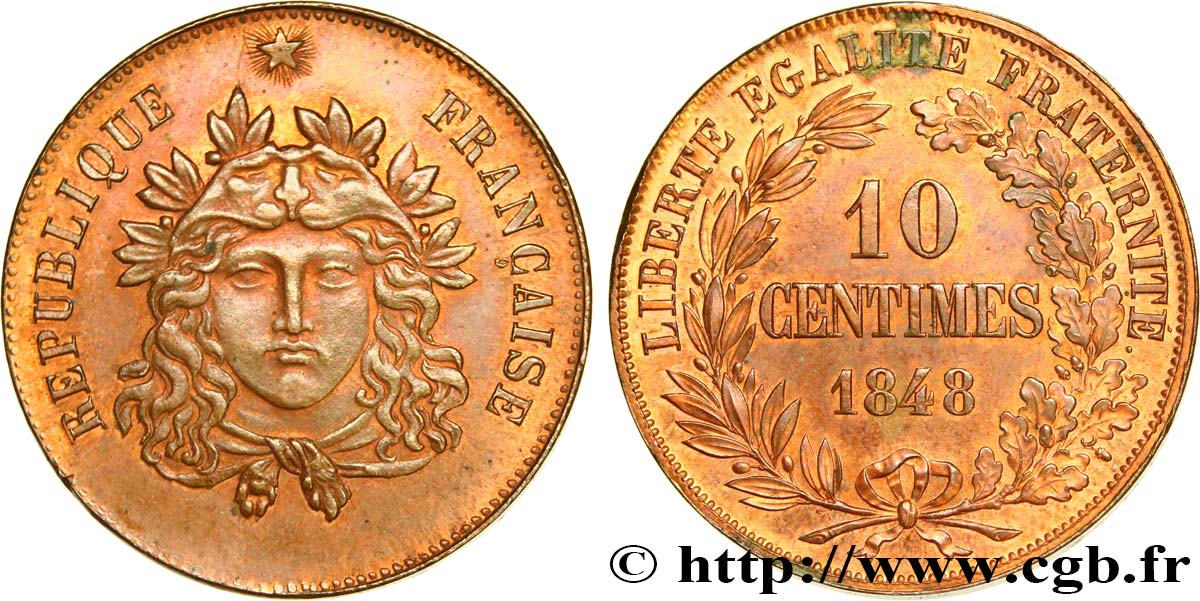 Concours de 10 centimes, essai en cuivre Gayrard, premier concours, troisième revers 1848 Paris VG.3141 var. MS62 