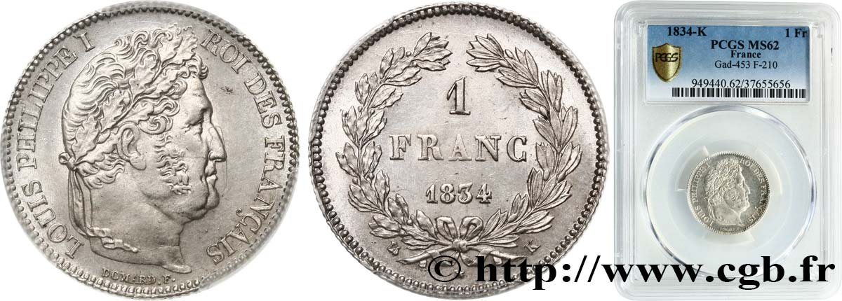 1 franc Louis-Philippe, couronne de chêne 1834 Bordeaux F.210/33 EBC62 PCGS