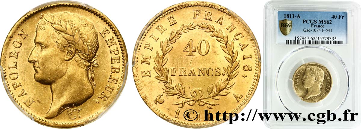 40 francs or Napoléon tête laurée, Empire français 1811 Paris F.541/6 SPL62 PCGS