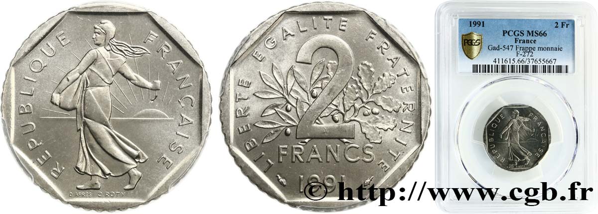 2 francs Semeuse, nickel, frappe monnaie 1991 Pessac F.272/15 FDC66 PCGS
