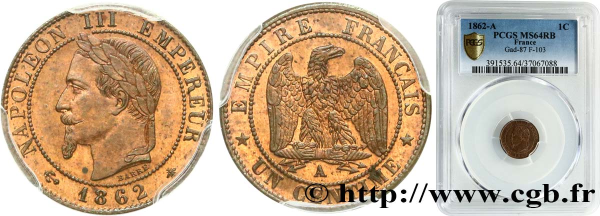 Un centime Napoléon III, tête laurée 1862 Paris F.103/4 SC64 PCGS