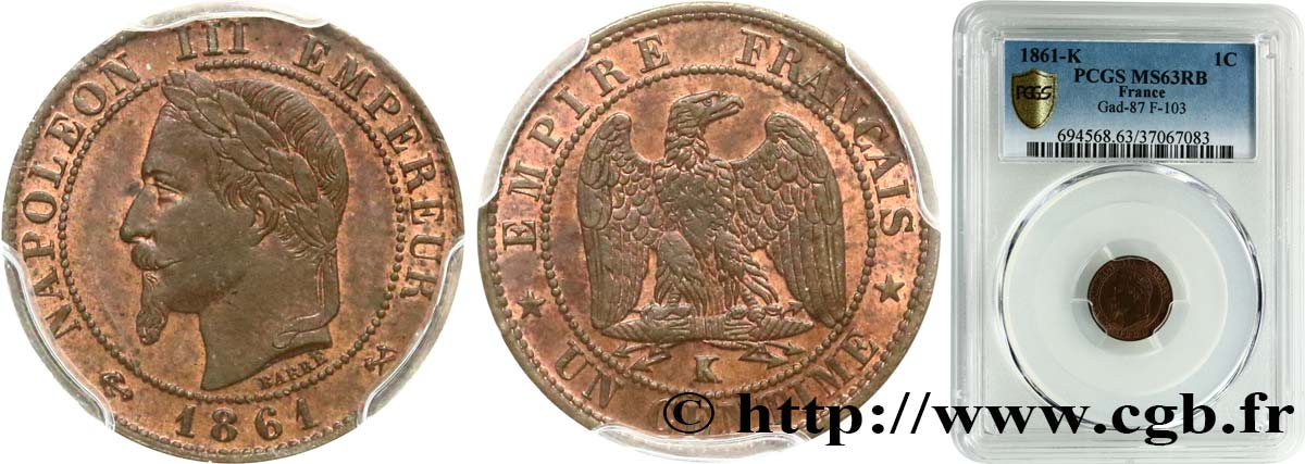 Un centime Napoléon III, tête laurée 1861 Bordeaux F.103/3 SPL63 PCGS