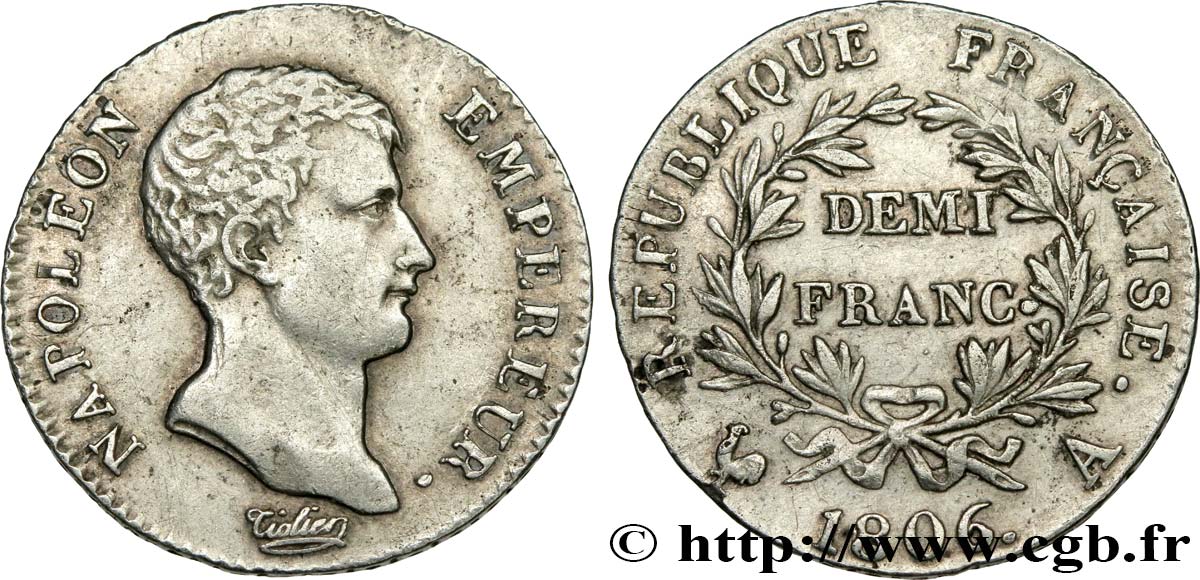 Demi-franc Napoléon Empereur, Calendrier grégorien 1806 Paris F.175/1 MBC 