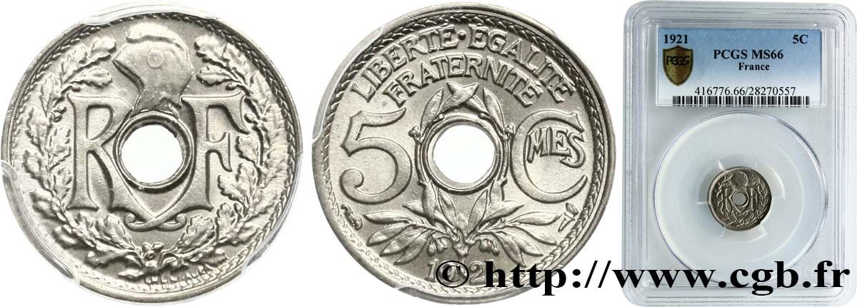 5 centimes Lindauer, petit module 1921 Paris F.122/3 MS66 PCGS