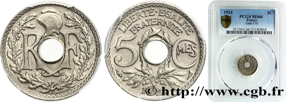 5 centimes Lindauer, petit module 1924 Paris F.122/8 ST66 PCGS