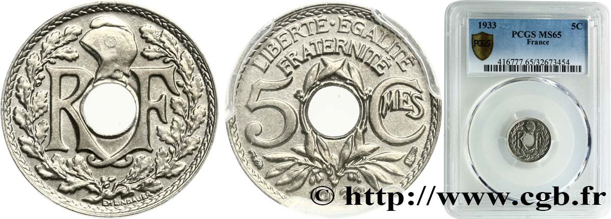5 centimes Lindauer, petit module 1933 Paris F.122/16 FDC65 PCGS