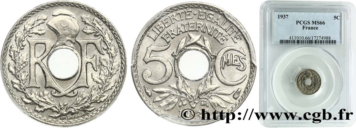 5 centimes Lindauer, petit module 1937 Paris F.122/20 MS66 PCGS