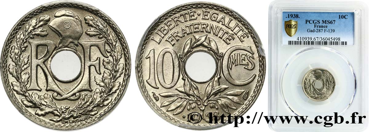10 centimes Lindauer, maillechort 1938  F.139/2 MS67 PCGS
