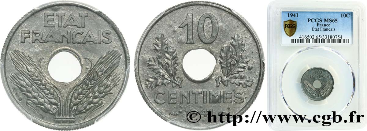 10 centimes État français, grand module 1941 Paris F.141/2 ST65 PCGS