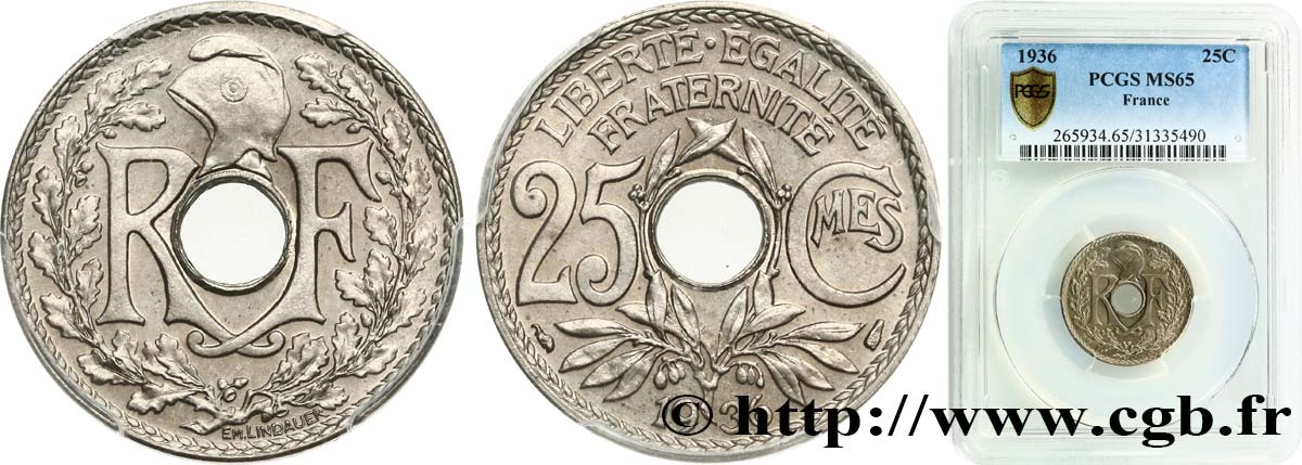 25 centimes Lindauer 1936  F.171/19 ST65 PCGS
