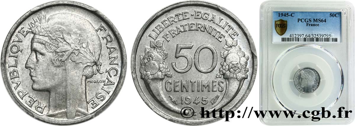 50 centimes Morlon, légère 1945 Castelsarrasin F.194/7 SPL64 PCGS