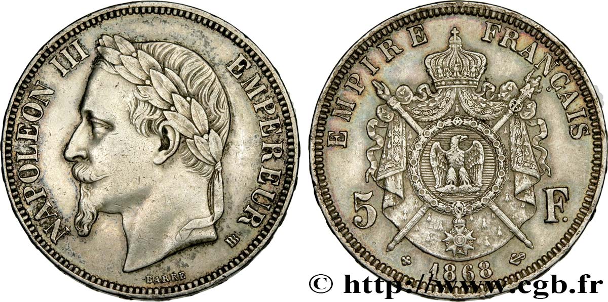 5 francs Napoléon III, tête laurée 1868 Strasbourg F.331/13 q.SPL 