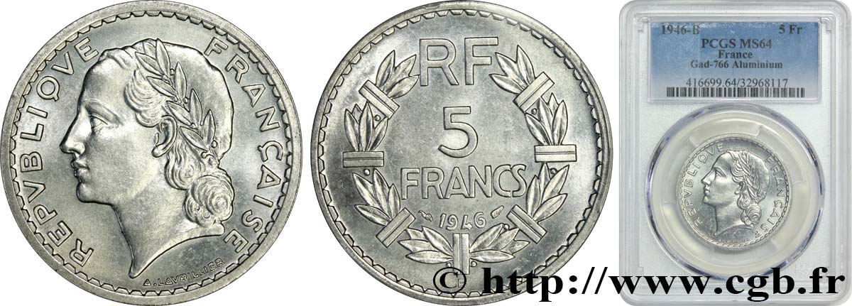 5 francs Lavrillier, aluminium 1946 Beaumont-Le-Roger F.339/7 MS64 PCGS