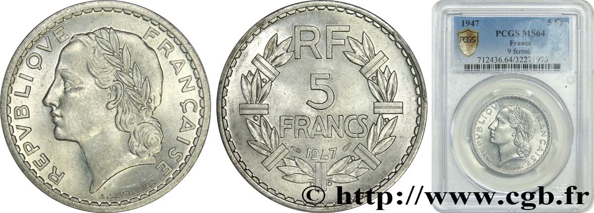 5 francs Lavrillier, aluminium 1947  F.339/10 MS64 PCGS
