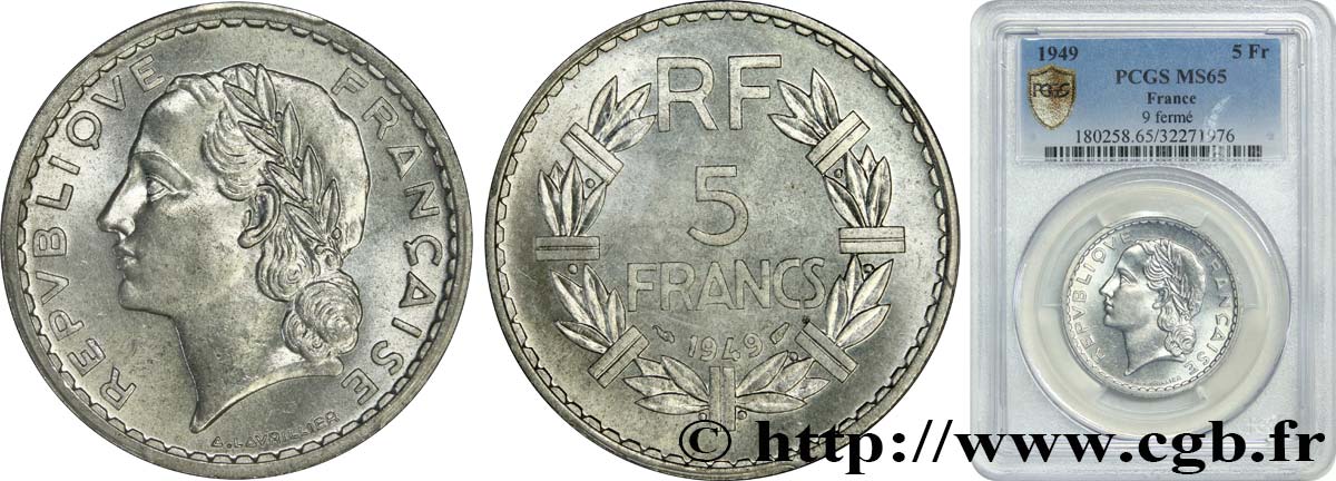 5 francs Lavrillier, aluminium 1949  F.339/17 ST65 PCGS