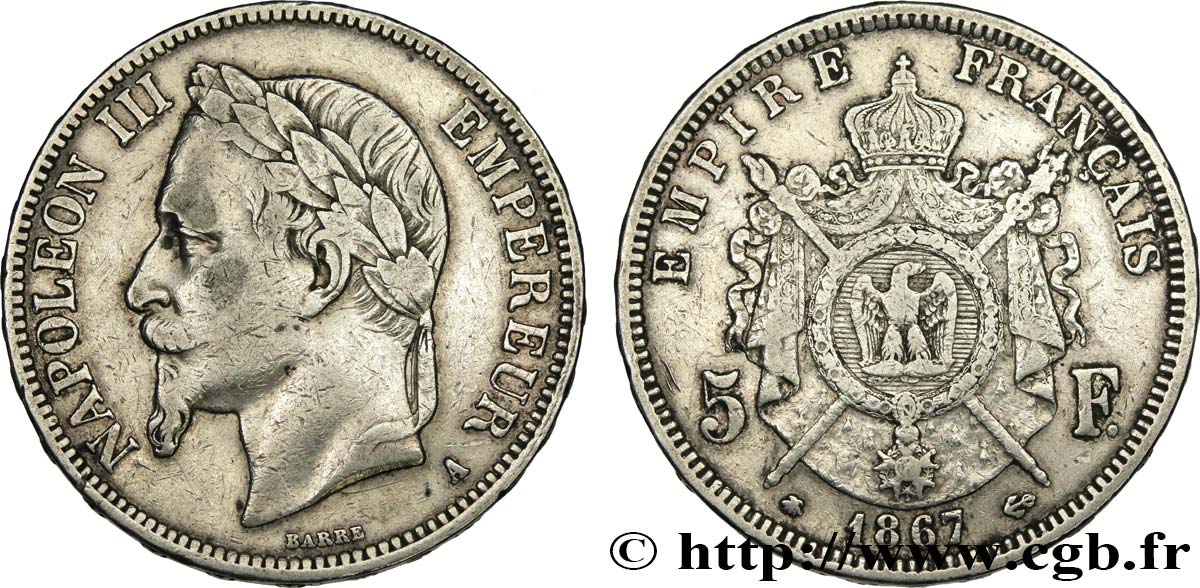 5 francs Napoléon III, tête laurée 1867 Paris F.331/10 MB 