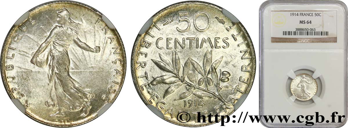50 centimes Semeuse 1914 Paris F.190/21 fST64 NGC