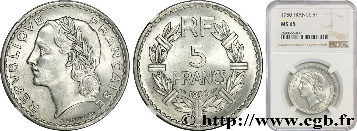 5 francs Lavrillier, aluminium 1950  F.339/20 FDC65 NGC