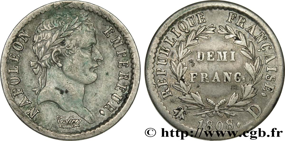 Demi-franc Napoléon Ier tête laurée, République française, buste fort 1808 Lyon F.177/5 MBC 