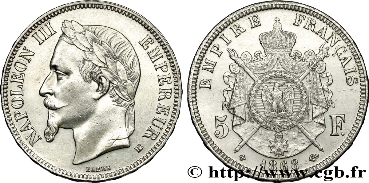 5 francs Napoléon III, tête laurée 1868 Strasbourg F.331/13 SUP 