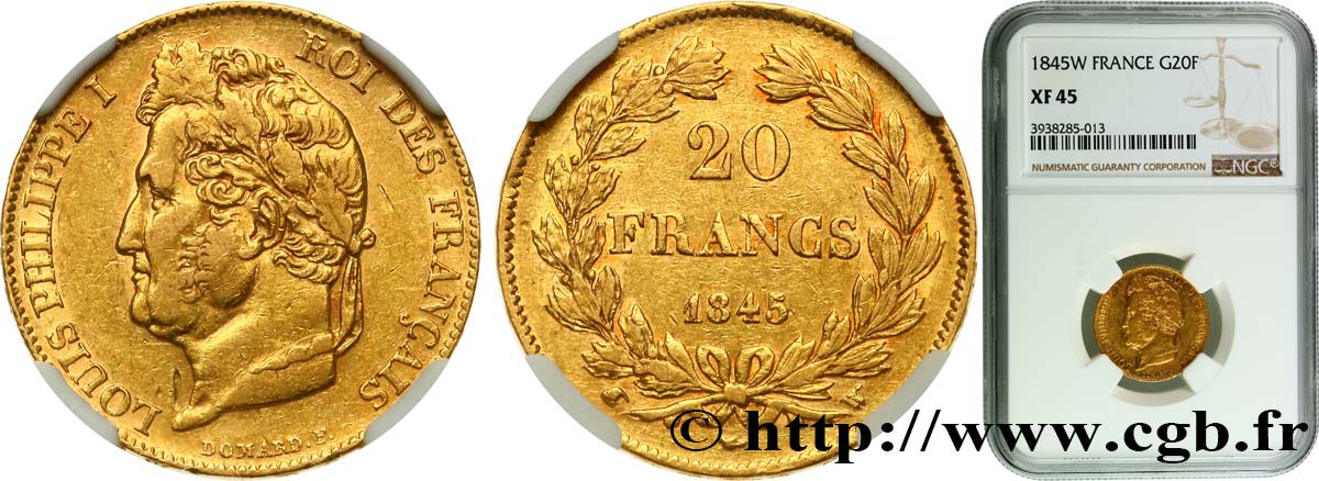 20 francs or Louis-Philippe, Domard 1845 Lille F.527/34 SS45 NGC