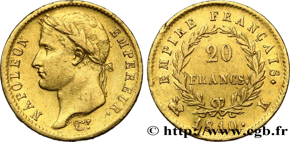 20 francs or Napoléon tête laurée, Empire français 1810 Bordeaux F.516/11 TTB45 