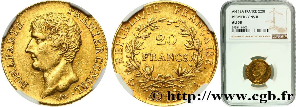 20 francs or Bonaparte Premier Consul 1804 Paris F.510/2 SPL58 NGC