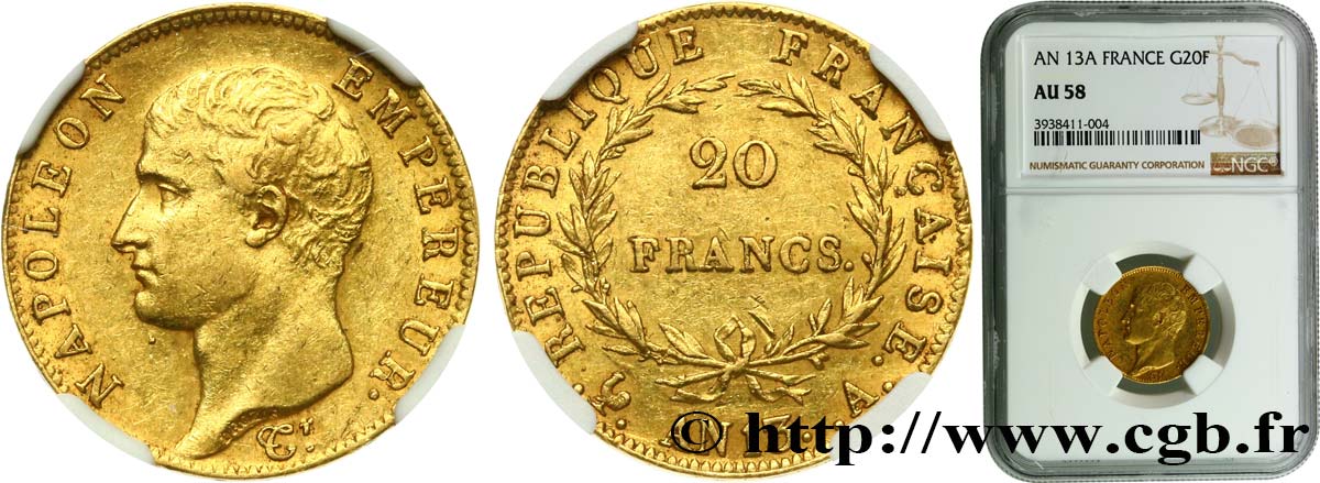 20 francs or Napoléon tête nue, Calendrier révolutionnaire 1805 Paris F.512/1 EBC58 NGC