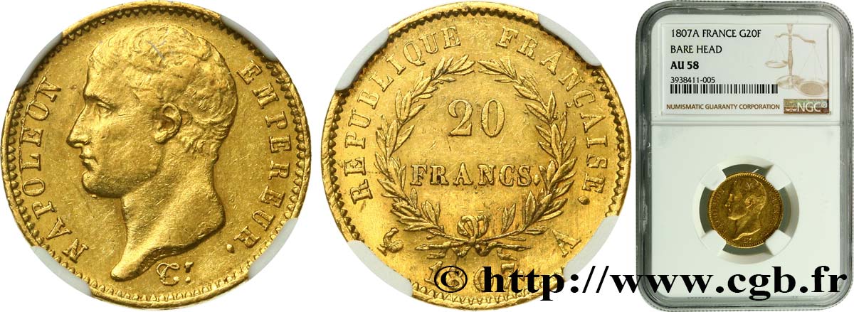 20 francs or Napoléon tête nue, type transitoire 1807 Paris F.514/1 AU58 NGC